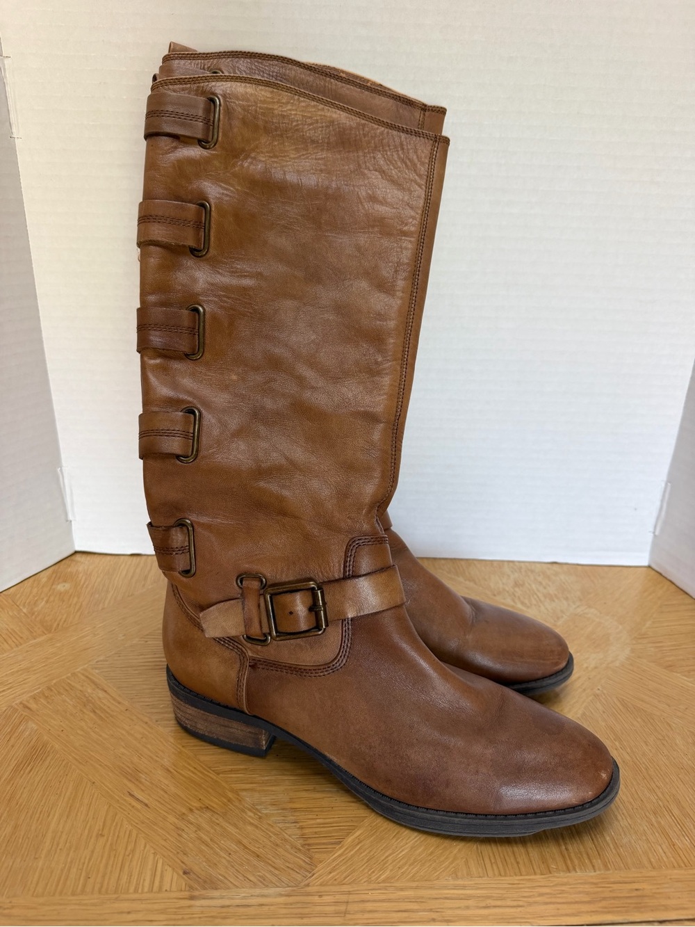 Arturo Chiang Cognac Brown Mid-Calf Leather Buckle Boots size 7.5